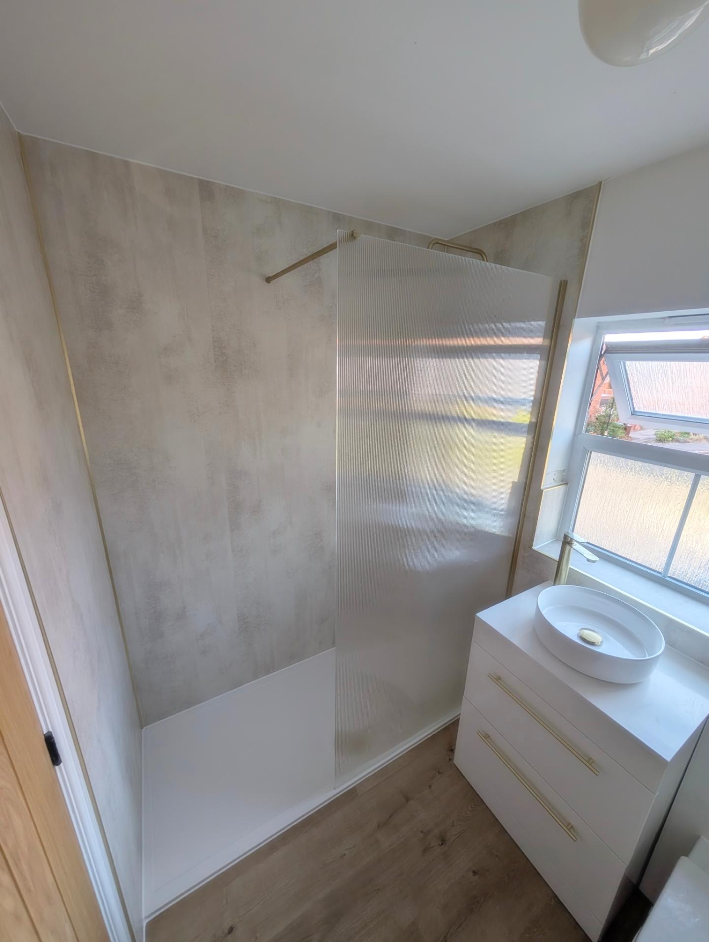 Walk-in shower with glass screen and vanity basin unit, Worthing bathroom installation Walk-in shower with glass screen and vanity basin unit, Worthing bathroom installation