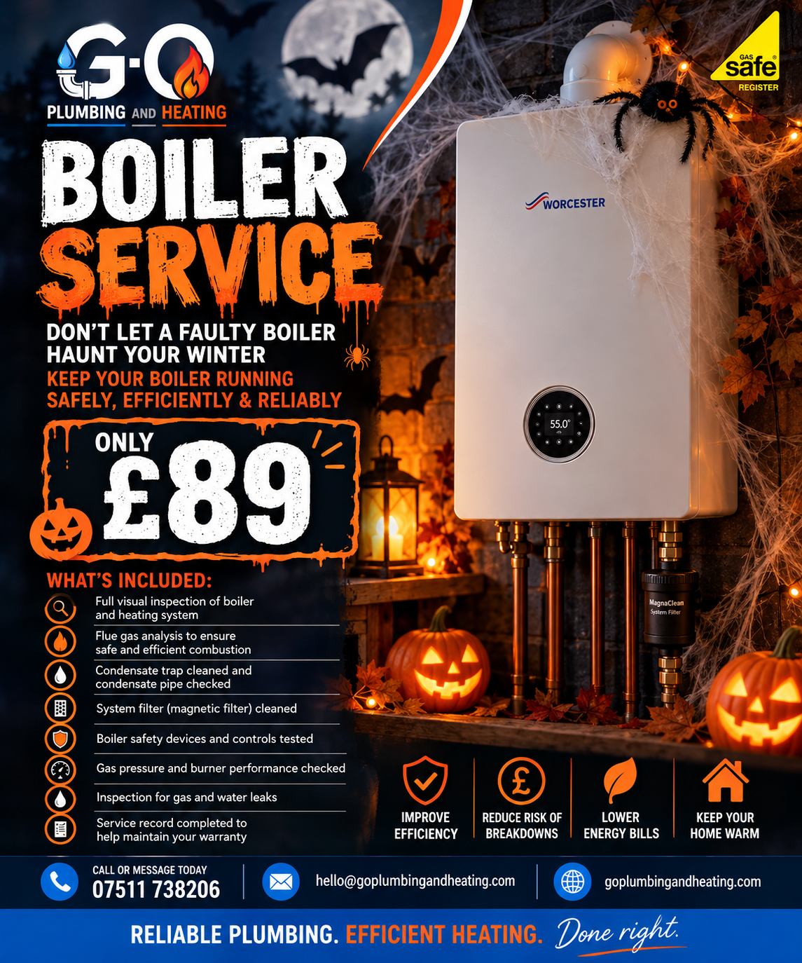 October boiler service offer flyer from GO Plumbing and Heating, Worthing — full boiler service for £89 including flue gas analysis, filter clean and safety checks